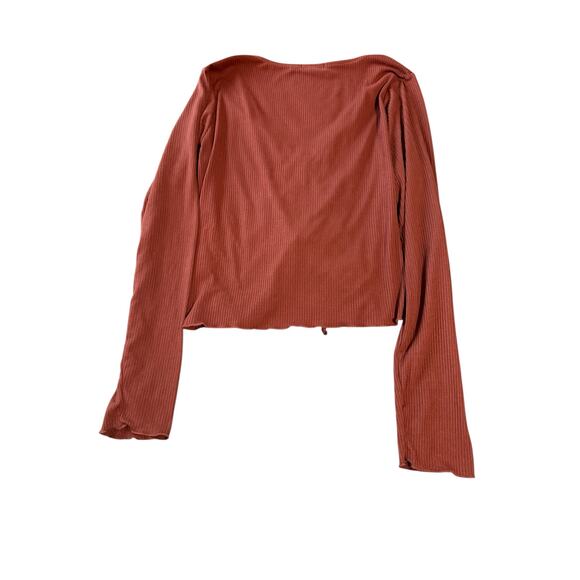 NWOT Originality Large Rust‎ Orange Brown Long Sleeve Cropped Ribbed Lettuce Hem - Picture 2 of 8